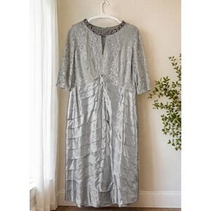 Silver Metallic Tiered Midi Dress 16W Lace Bodice Wedding Guest Mother of Bride